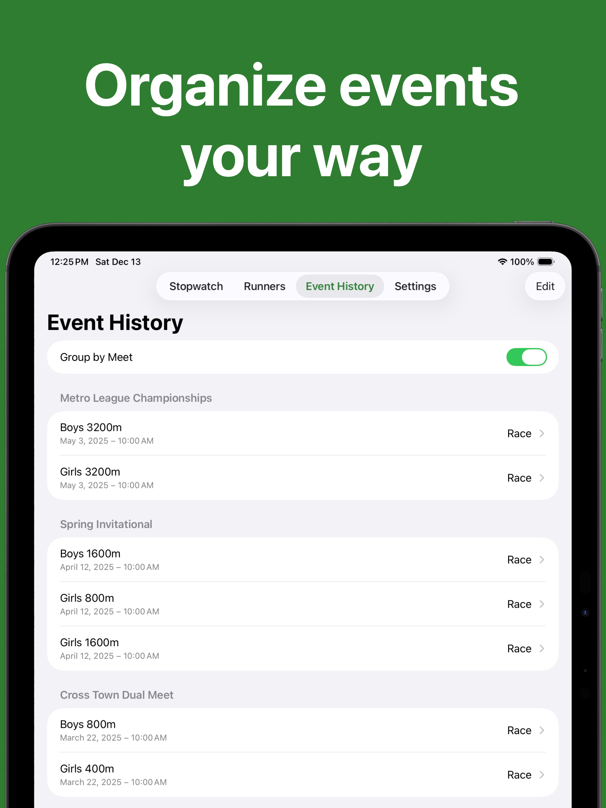 CalcuSplit on iPad showing Event History organized by meet with multiple races and dates