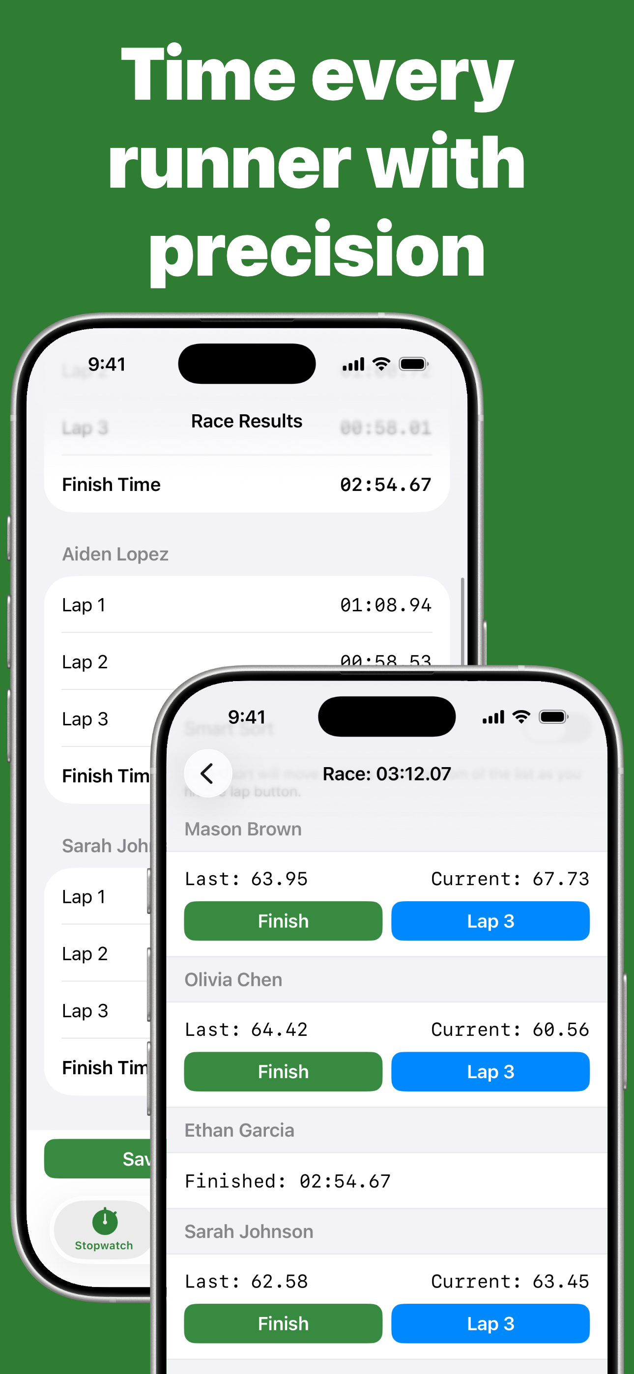 CalcuSplit race timing view showing active timer with finish and lap buttons for multiple athletes