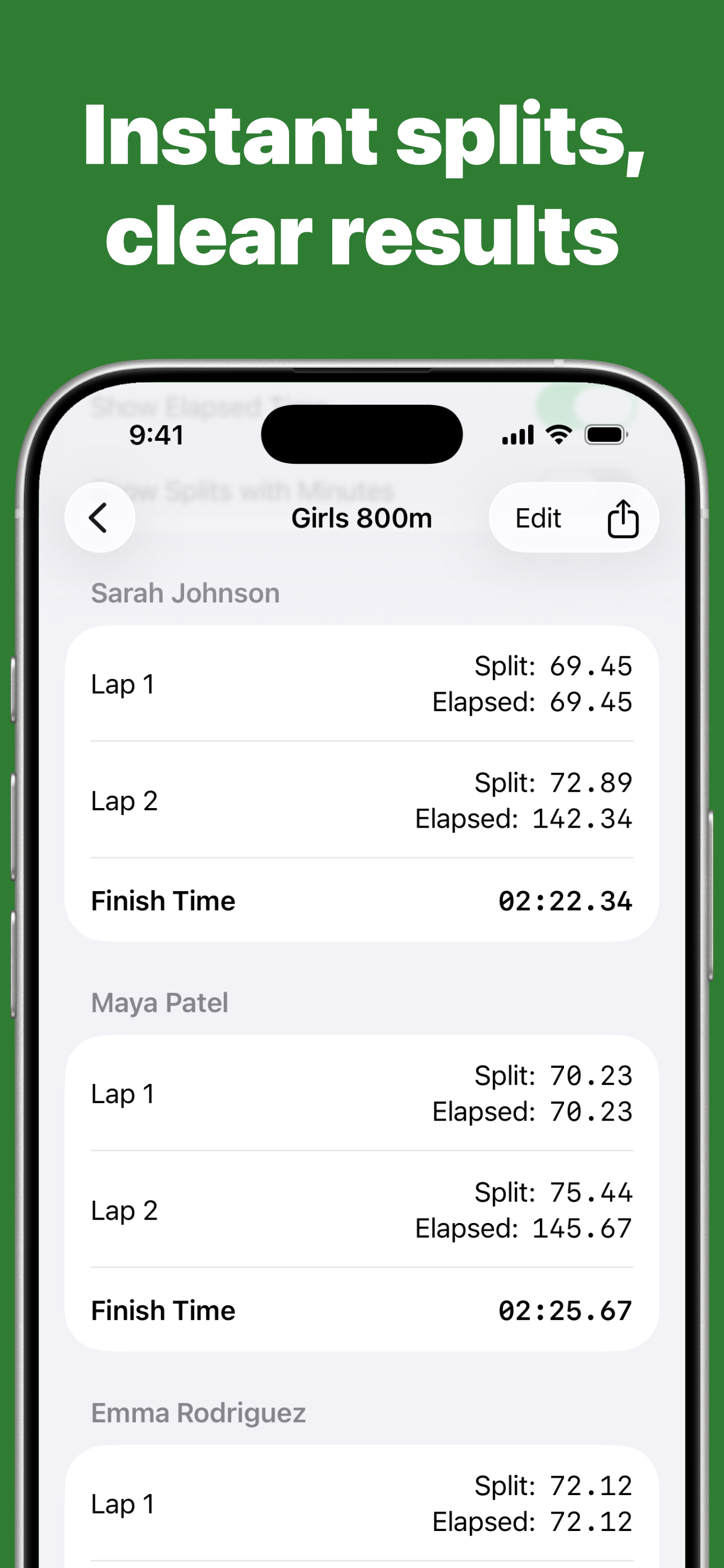 CalcuSplit results view showing detailed split and elapsed times for each runner